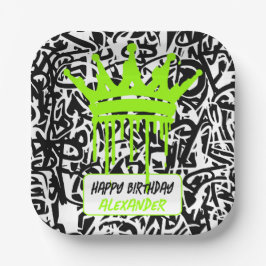Graffiti Crown ブラック グリーン ハッピーバースデー ペーパープレート