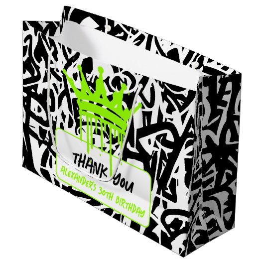 Graffiti Crown Green Black 誕生日お礼 ラージペーパーバッグ (正面アングル)