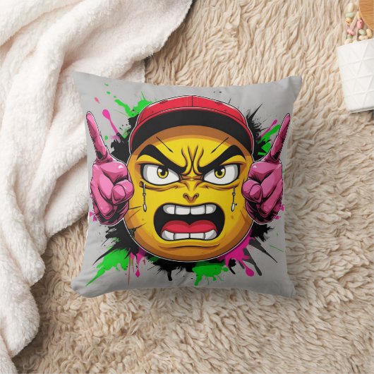 "Graffiti Emoji Rage – Angry Face with Cap and Mid クッション (ブランケット)