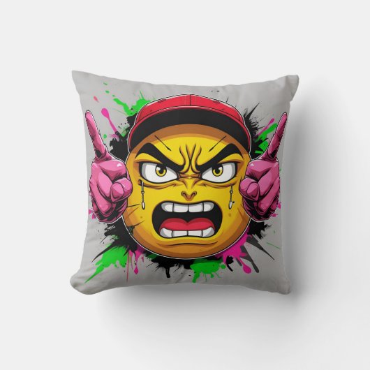 "Graffiti Emoji Rage – Angry Face with Cap and Mid クッション (正面)