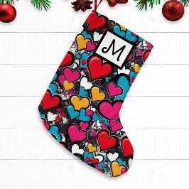 Graffiti Hearts Bright Colorful Monogrammed スモールクリスマスストッキング