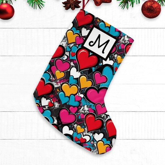 Graffiti Hearts Bright Colorful Monogrammed スモールクリスマスストッキング