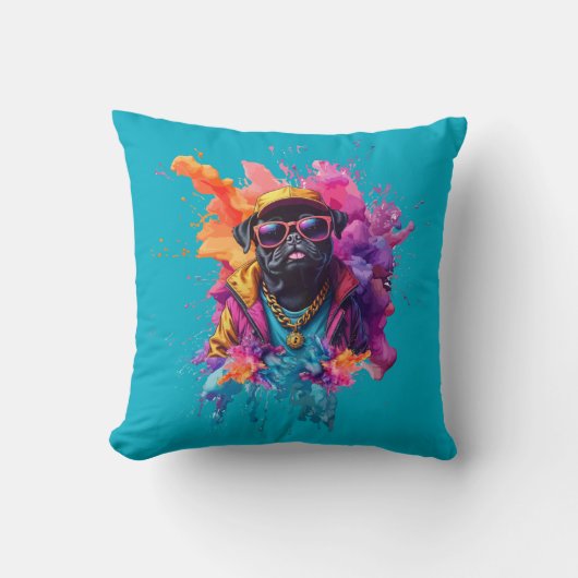 "Graffiti Pug Throw Pillow – Urban Street Art Dog  クッション (正面)