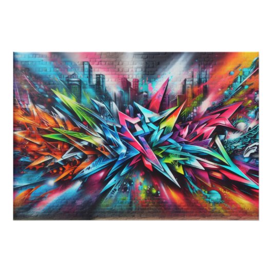 Graffiti Streetart auf Ziegelwand mit Skyline  フォトプリント (正面)