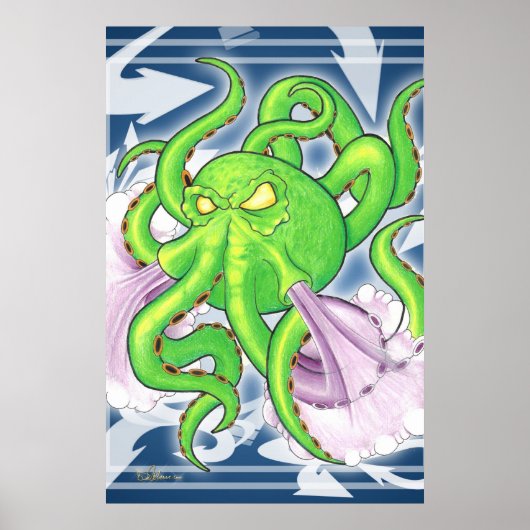 Graffiti Style Green Octopus Poster ポスター (正面)