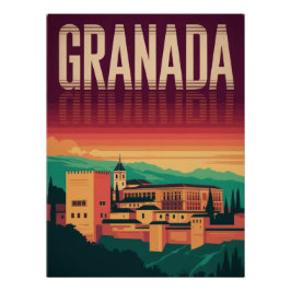 Granada, Alhambra, Spain, Vintage Poster, Sunset ポスター