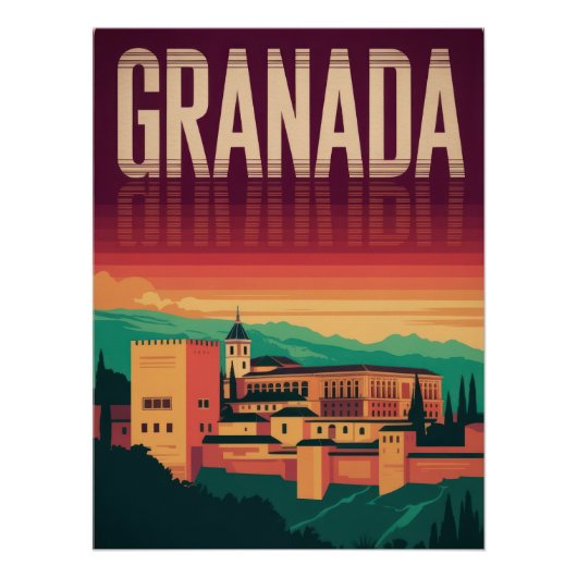 Granada, Alhambra, Spain, Vintage Poster, Sunset ポスター (正面)