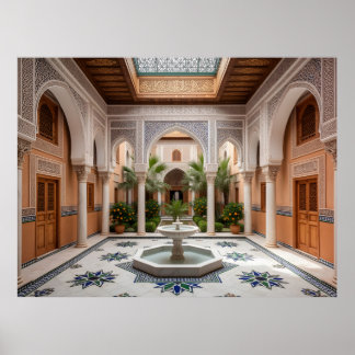 Grand Moroccan Riad Courtyard with Marble Fountain ポスター