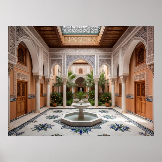 Grand Moroccan Riad Courtyard with Marble Fountain ポスター (正面)