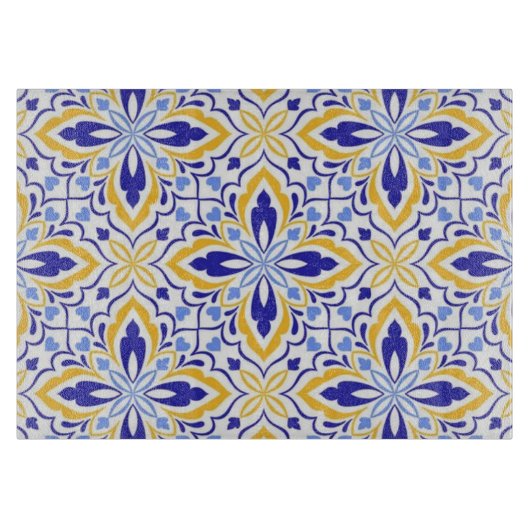 Grand Mosaic Blue and Gold Floral Mediterranean カッティングボード (正面)