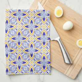 Grand Mosaic Blue and Gold Floral Mediterranean キッチンタオル