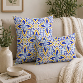 Grand Mosaic Blue and Gold Floral Mediterranean クッション
