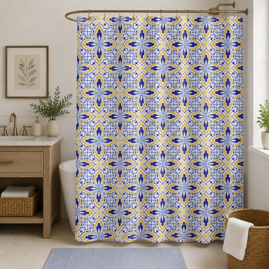 Grand Mosaic Blue and Gold Floral Mediterranean シャワーカーテン