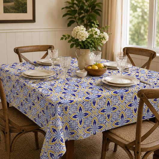 Grand Mosaic Blue and Gold Floral Mediterranean テーブルクロス