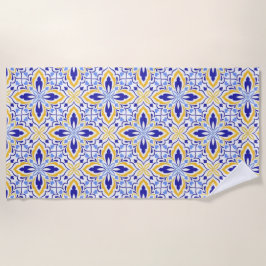 Grand Mosaic Blue and Gold Floral Mediterranean ビーチタオル