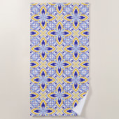 Grand Mosaic Blue and Gold Floral Mediterranean ビーチタオル (正面)