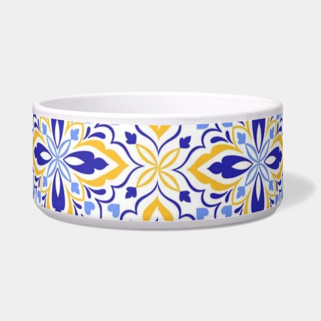 Grand Mosaic Blue and Gold Floral Mediterranean ボウル (正面)