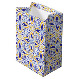 Grand Mosaic Blue and Gold Floral Mediterranean ミディアムペーパーバッグ