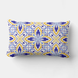 Grand Mosaic Blue and Gold Floral Mediterranean ランバークッション