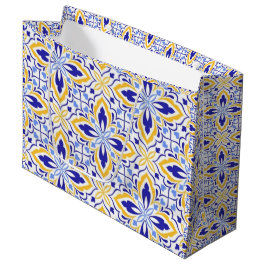 Grand Mosaic Blue and Gold Floral Mediterranean ラージペーパーバッグ