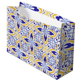 Grand Mosaic Blue and Gold Floral Mediterranean ラージペーパーバッグ