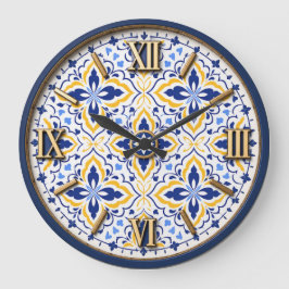 Grand Mosaic Blue and Gold Floral Mediterranean ラージ壁時計