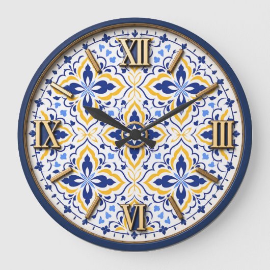 Grand Mosaic Blue and Gold Floral Mediterranean ラージ壁時計 (正面)