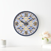 Grand Mosaic Blue and Gold Floral Mediterranean ラージ壁時計 (ホーム)