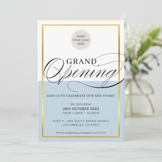 GRAND OPENINGビジモダンネスロ淡い色のゴ青金ゴールド 招待状 (スタンド正面)