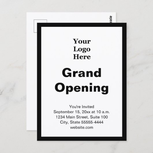 Grand Opening Business Logo Black White Invitation ポストカード (正面/裏面)