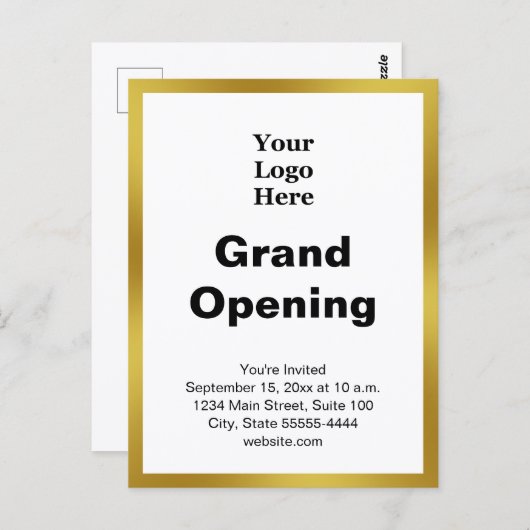 Grand Opening Business Logo Gold White Invitation ポストカード (正面/裏面)