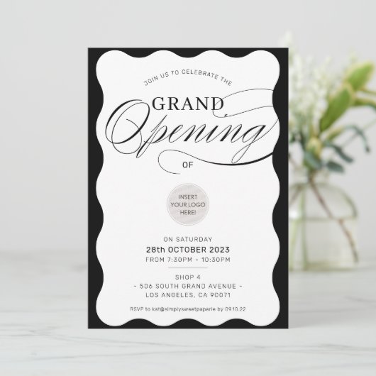GRAND OPENING modern business event black wave 招待状 (スタンド正面)