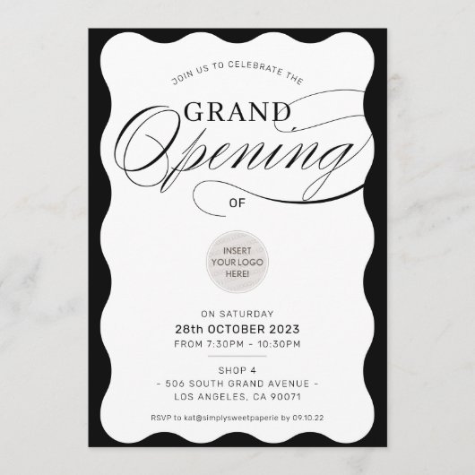 GRAND OPENING modern business event black wave 招待状 (正面)