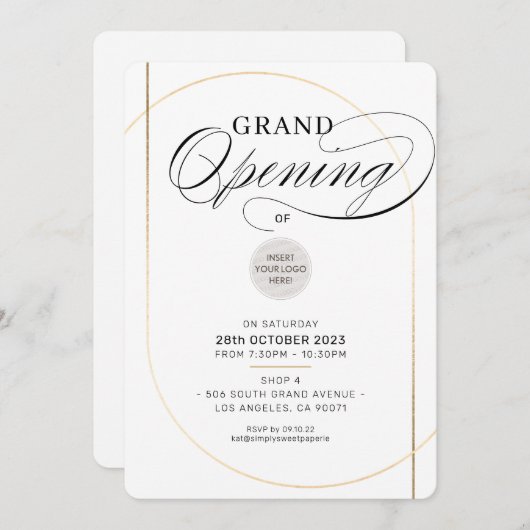 GRAND OPENING modern minimal business black gold 招待状 (正面/裏面)