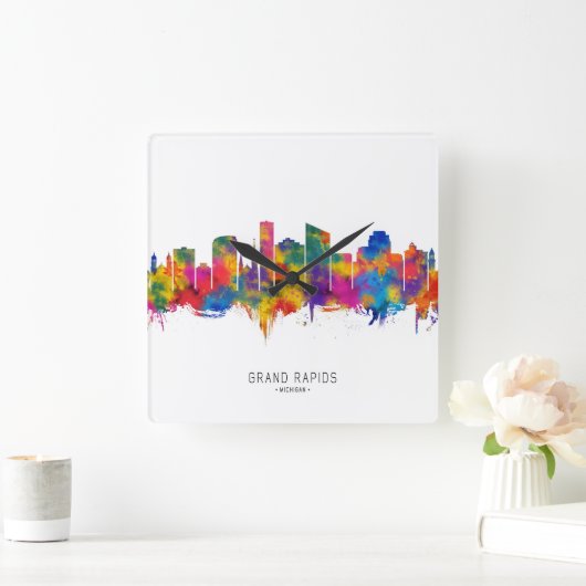 Grand Rapids Michigan Skyline スクエア壁時計 (ホーム)
