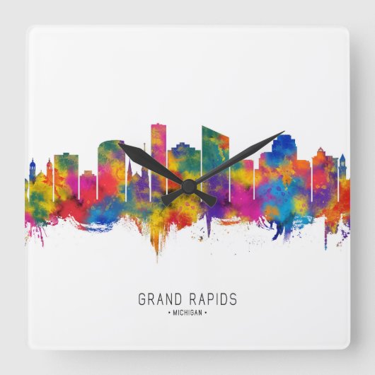 Grand Rapids Michigan Skyline スクエア壁時計 (正面)