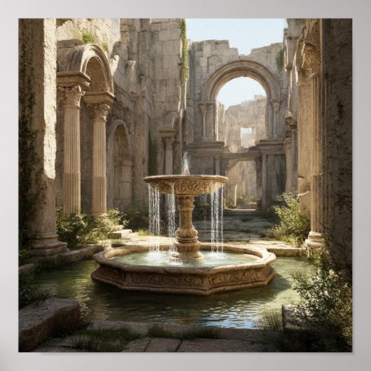 Grand Roman Ruin Courtyard with Ornate Fountain ポスター (正面)