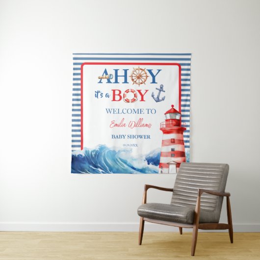 Grand Striped Blue Red Nautical Ahoy Boy  タペストリー (インサイチュ)