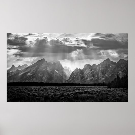 Grand Teton Mountain Range in Black and White ポスター (正面)