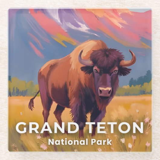 Grand Teton National Park | Bison Travel Art ガラスコースター (正面)