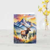 Grand Teton National Park Elk Watercolor カード (黄色い花)
