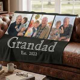 Grandad Est. シンプルな白いボールドテキストの3枚の写真入り フリースブランケット