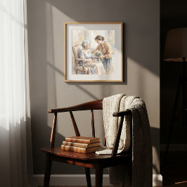 Granddaughter Bringing Flowers to Grandma Painting ポスター