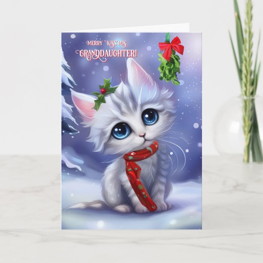 Granddaughter Christmas Holiday Cute Cat Mistletoe カード (正面)