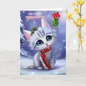 Granddaughter Christmas Holiday Cute Cat Mistletoe カード (黄色い花)