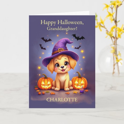 Granddaughter Halloween Customizable Name Puppy カード (黄色い花)