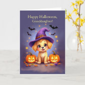 Granddaughter Halloween Cute Puppy in Witch Hat カード (黄色い花)