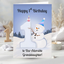 Granddaughter Happy 1st Birthday Snowman Building カード