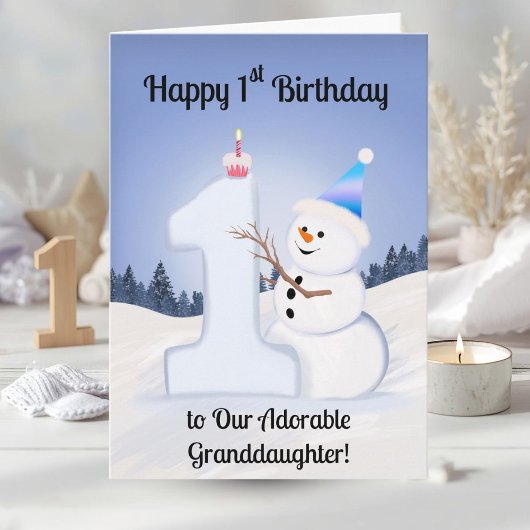 Granddaughter Happy 1st Birthday Snowman Building カード