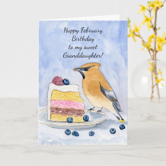 Granddaughter Happy February Birthday Bird カード (黄色い花)